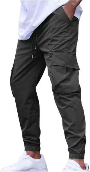 Sinzelimin Men Cargo Pants Fashion Drawstring Elastic Waist Jogger Sweatpant Baggy Casual Comfy Wide Leg Bound Feet Trouser