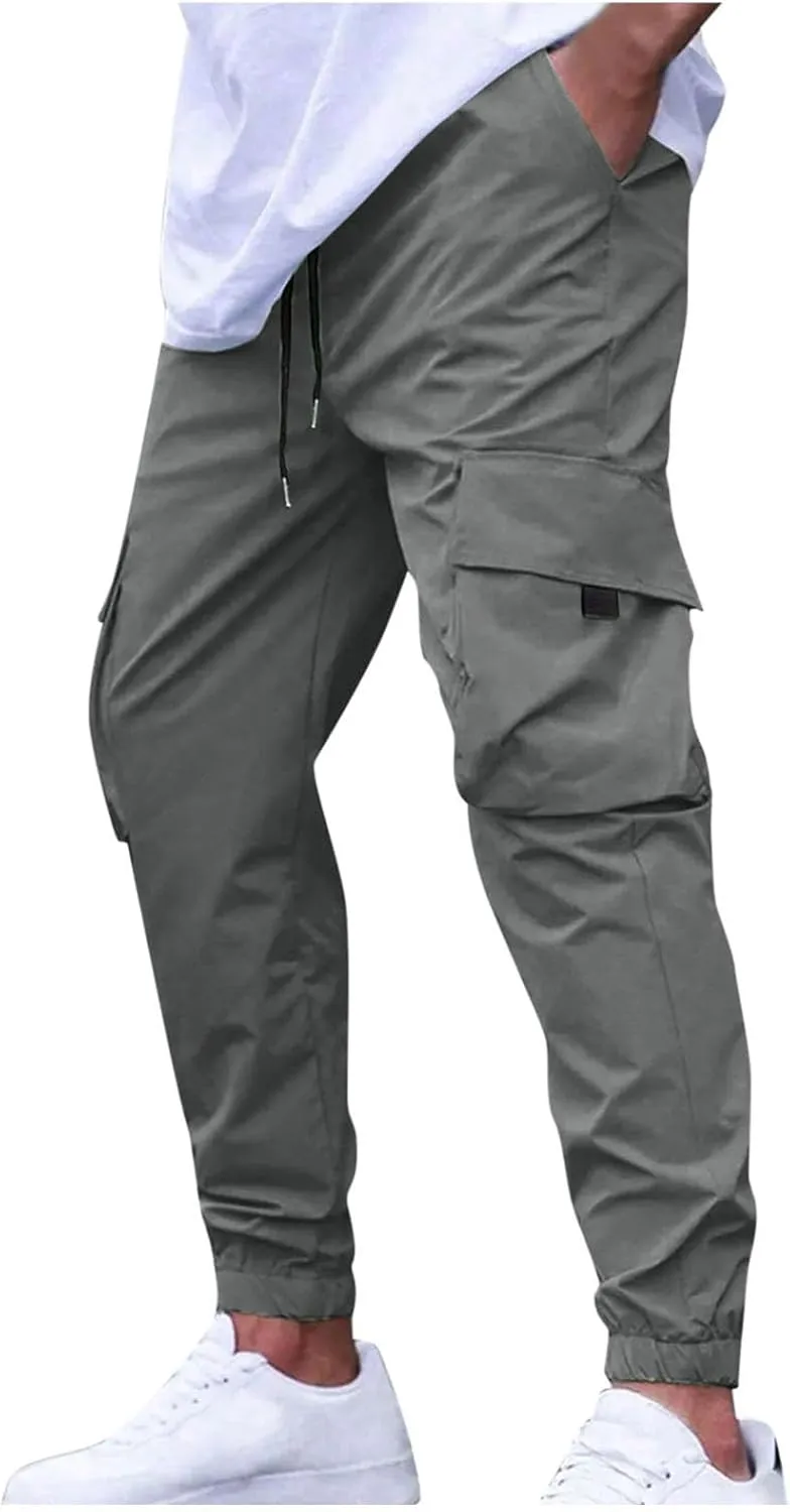 Sinzelimin Men Cargo Pants Fashion Drawstring Elastic Waist Jogger Sweatpant Baggy Casual Comfy Wide Leg Bound Feet Trouser