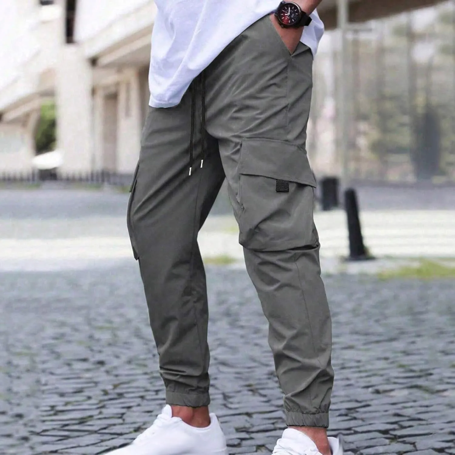 Sinzelimin Men Cargo Pants Fashion Drawstring Elastic Waist Jogger Sweatpant Baggy Casual Comfy Wide Leg Bound Feet Trouser