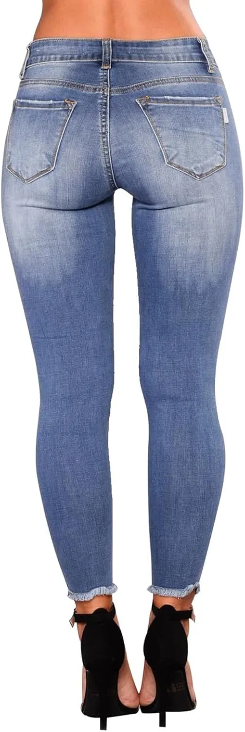 Skinny Jeans for Women Stretchy High Waisted Ripped Jeans Slim Fit Tummy Control Distressed Denim Leggings w/Pockets