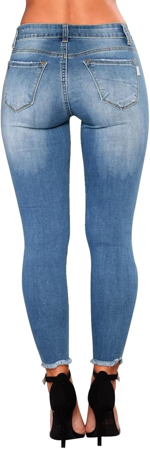 Skinny Jeans for Women Stretchy High Waisted Ripped Jeans Slim Fit Tummy Control Distressed Denim Leggings w/Pockets
