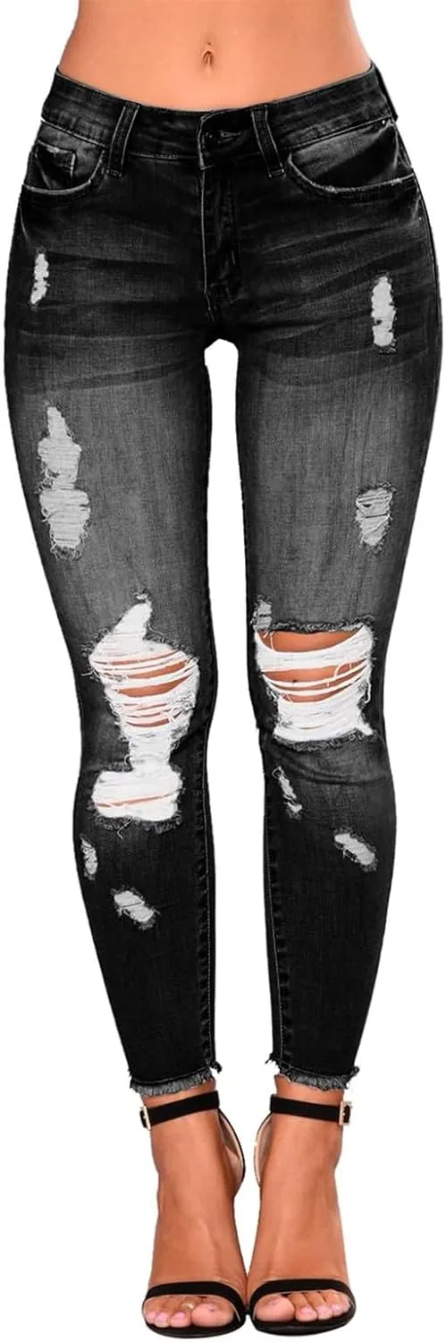Skinny Jeans for Women Stretchy High Waisted Ripped Jeans Slim Fit Tummy Control Distressed Denim Leggings w/Pockets