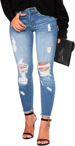 Skinny Jeans for Women Stretchy High Waisted Ripped Jeans Slim Fit Tummy Control Distressed Denim Leggings w/Pockets