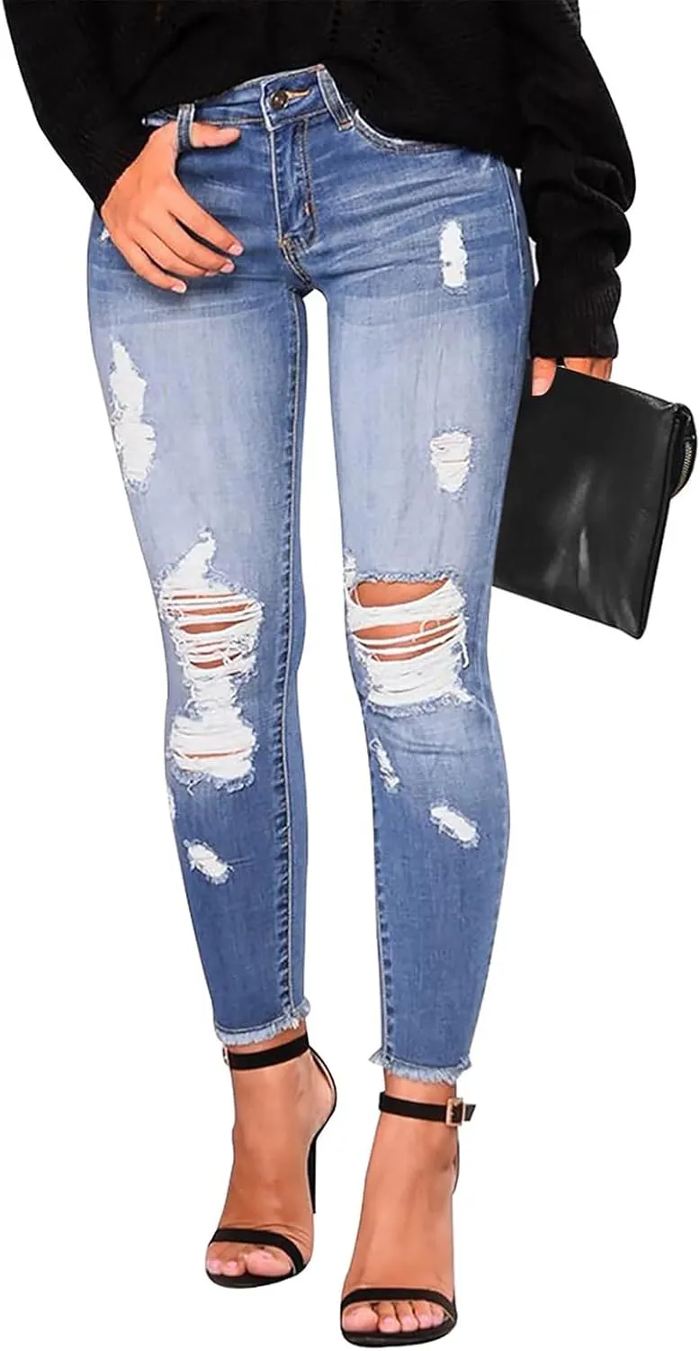Skinny Jeans for Women Stretchy High Waisted Ripped Jeans Slim Fit Tummy Control Distressed Denim Leggings w/Pockets