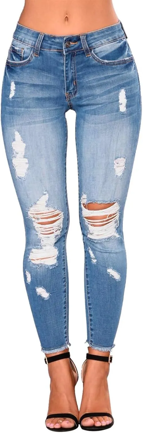 Skinny Jeans for Women Stretchy High Waisted Ripped Jeans Slim Fit Tummy Control Distressed Denim Leggings w/Pockets