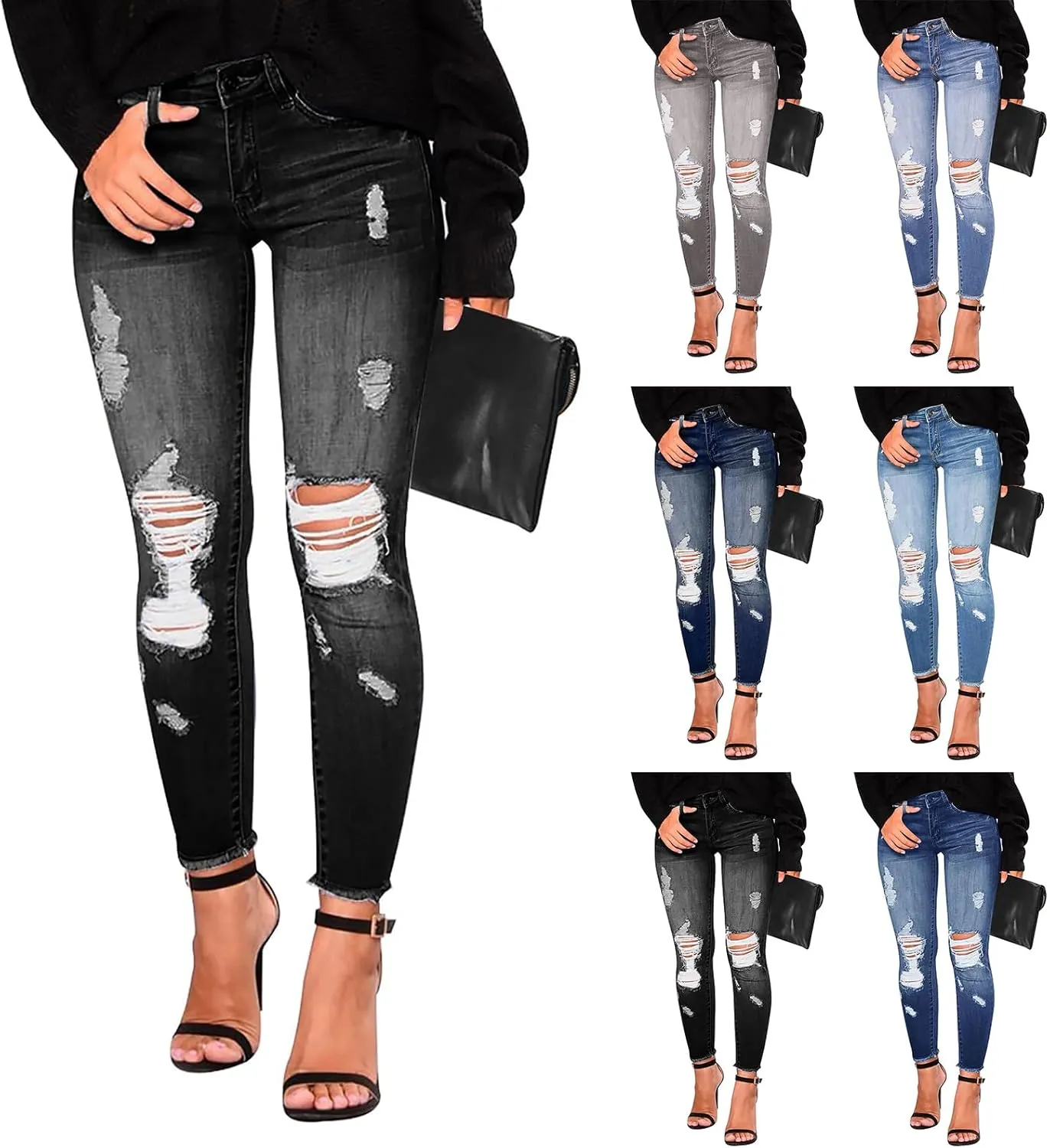 Skinny Jeans for Women Stretchy High Waisted Ripped Jeans Slim Fit Tummy Control Distressed Denim Leggings w/Pockets