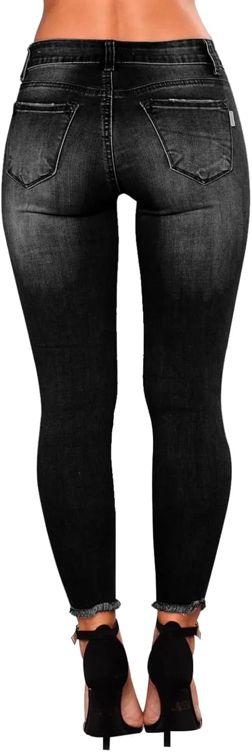 Skinny Jeans for Women Stretchy High Waisted Ripped Jeans Slim Fit Tummy Control Distressed Denim Leggings w/Pockets