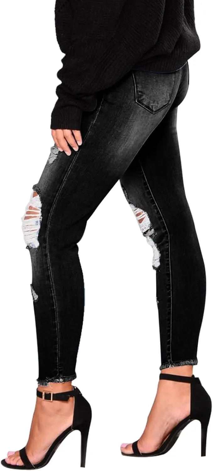 Skinny Jeans for Women Stretchy High Waisted Ripped Jeans Slim Fit Tummy Control Distressed Denim Leggings w/Pockets