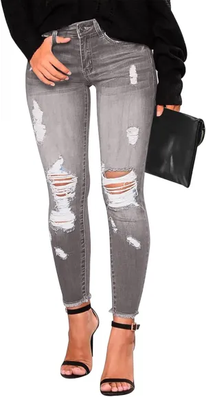 Skinny Jeans for Women Stretchy High Waisted Ripped Jeans Slim Fit Tummy Control Distressed Denim Leggings w/Pockets