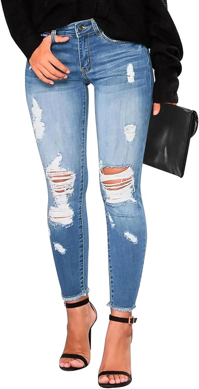 Skinny Jeans for Women Stretchy High Waisted Ripped Jeans Slim Fit Tummy Control Distressed Denim Leggings w/Pockets