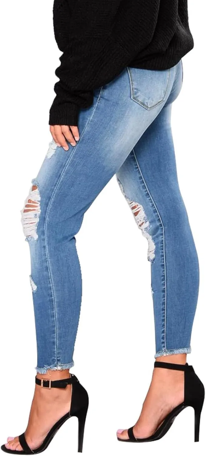 Skinny Jeans for Women Stretchy High Waisted Ripped Jeans Slim Fit Tummy Control Distressed Denim Leggings w/Pockets