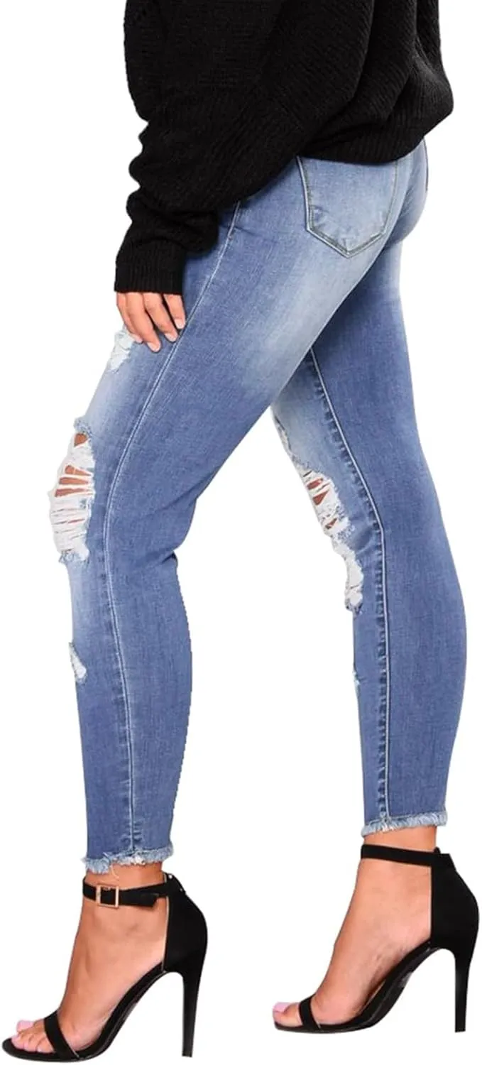 Skinny Jeans for Women Stretchy High Waisted Ripped Jeans Slim Fit Tummy Control Distressed Denim Leggings w/Pockets