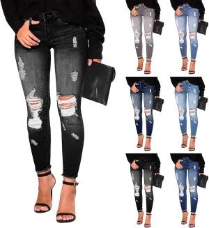 Skinny Jeans for Women Stretchy High Waisted Ripped Jeans Slim Fit Tummy Control Distressed Denim Leggings w/Pockets