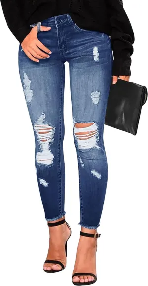 Skinny Jeans for Women Stretchy High Waisted Ripped Jeans Slim Fit Tummy Control Distressed Denim Leggings w/Pockets