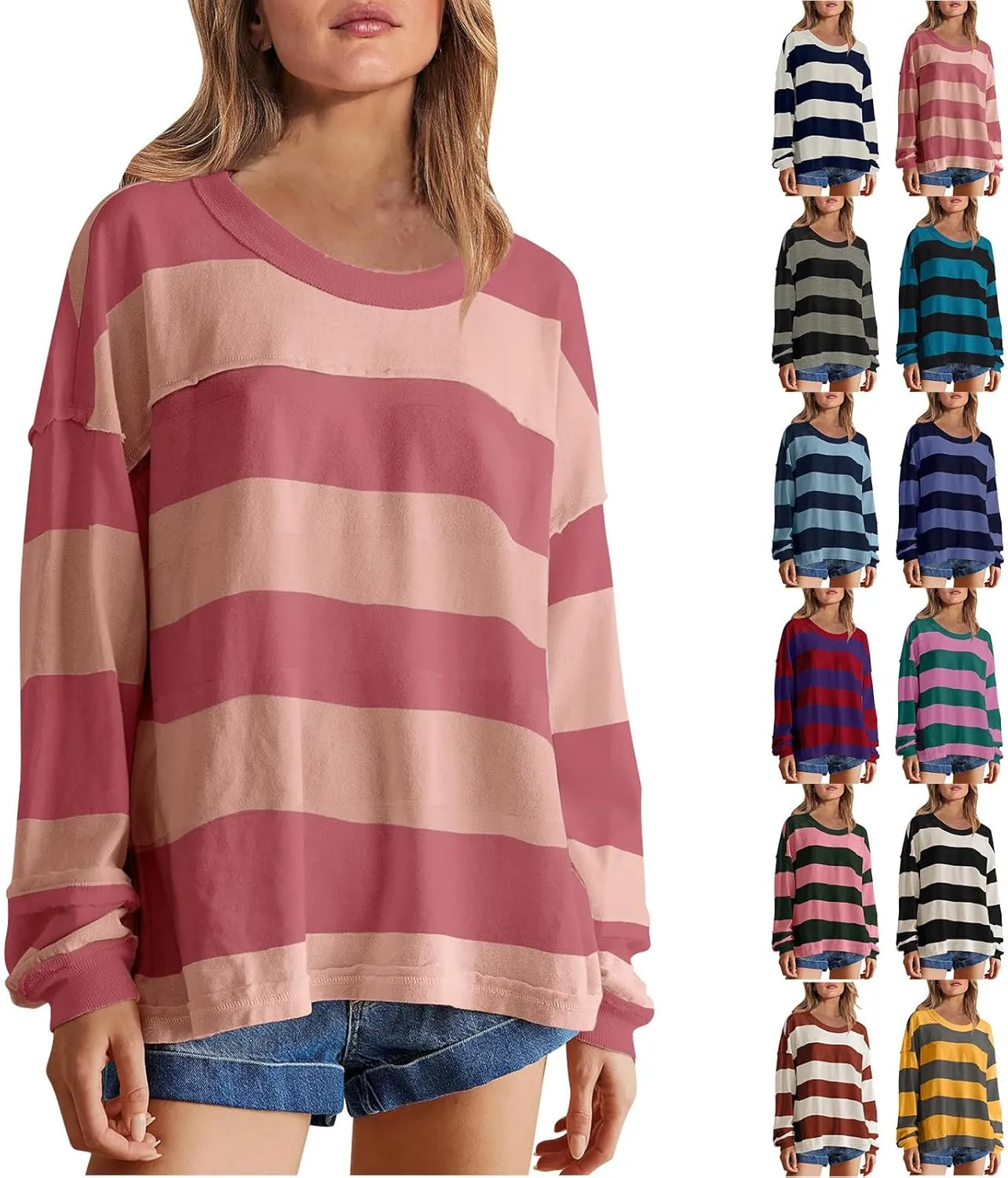 SMIDOW Lightweight Crewneck Sweatshirts For Women Trendy 2024 Striped Color Block Pullover Tops Casual Loose Fall Outfits