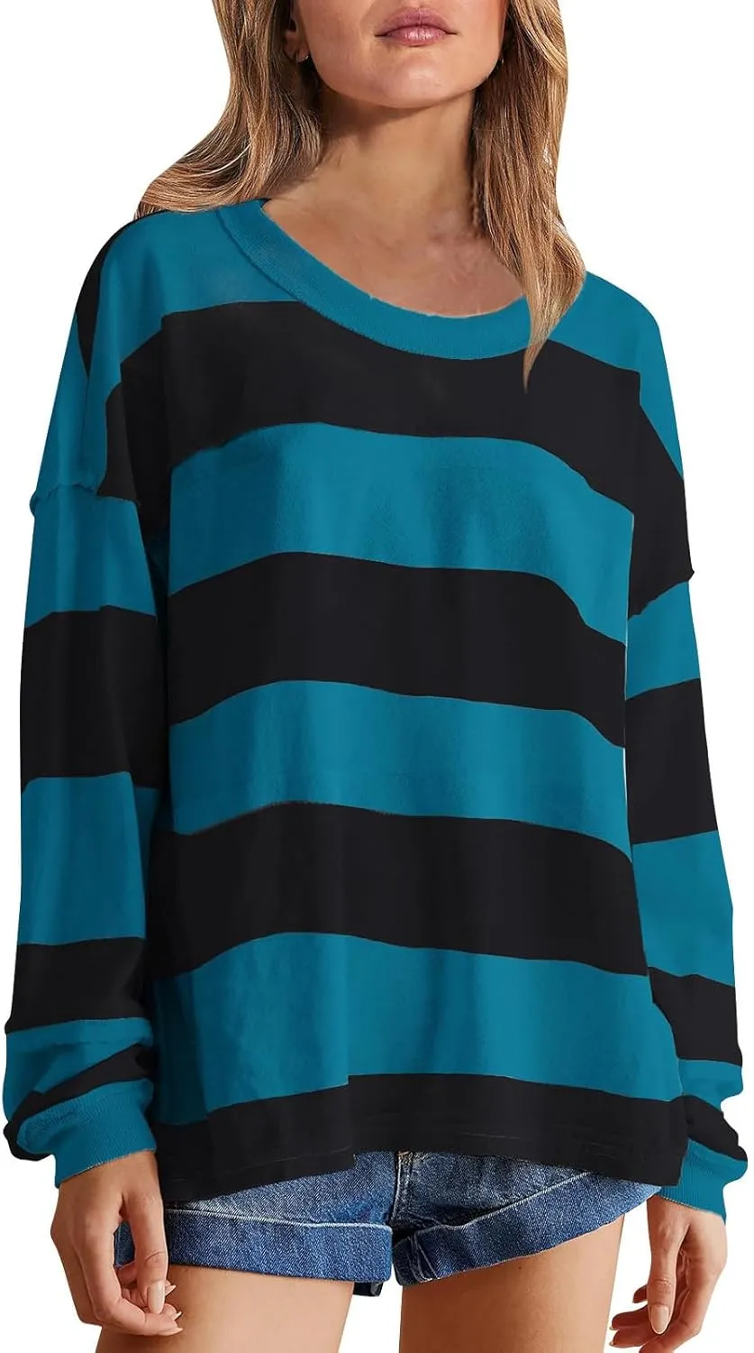 SMIDOW Lightweight Crewneck Sweatshirts For Women Trendy 2024 Striped Color Block Pullover Tops Casual Loose Fall Outfits