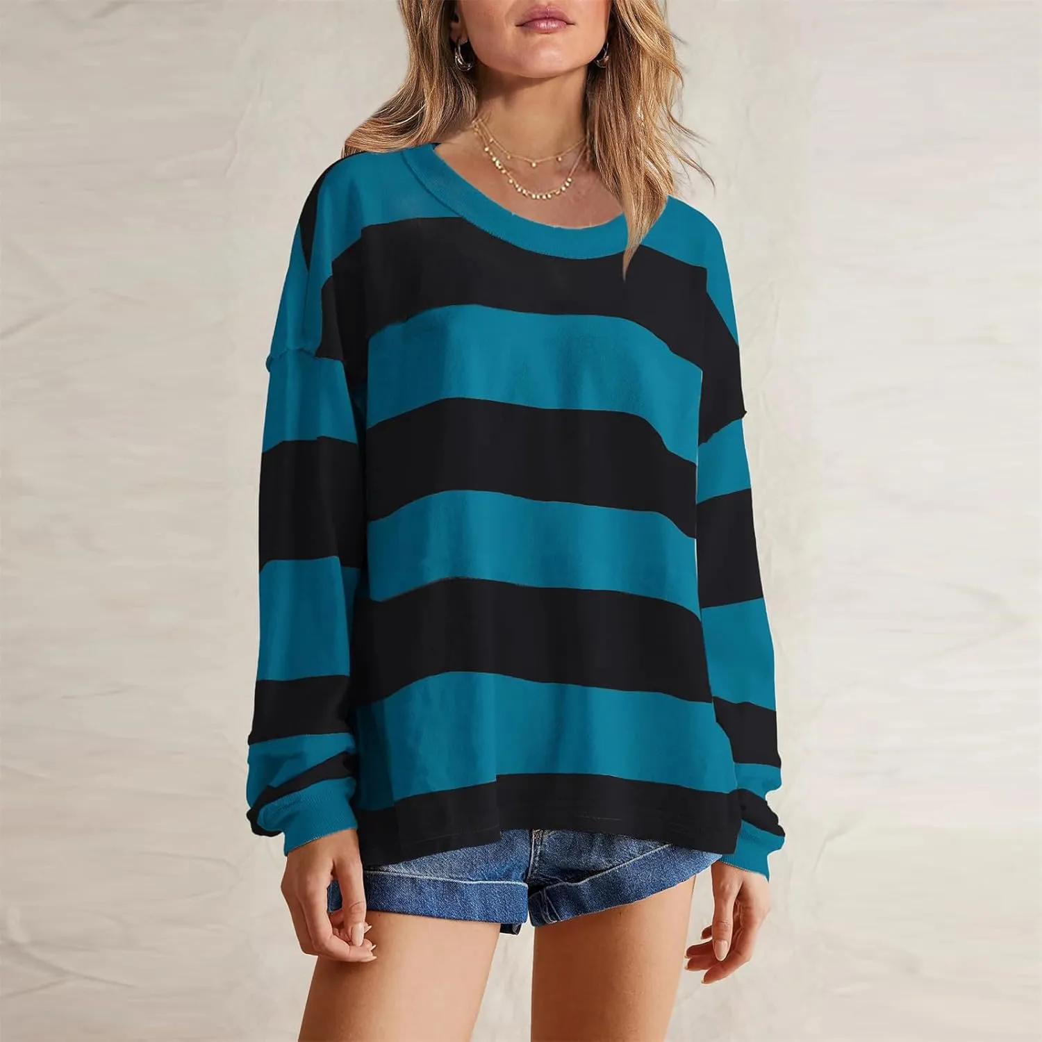 SMIDOW Lightweight Crewneck Sweatshirts For Women Trendy 2024 Striped Color Block Pullover Tops Casual Loose Fall Outfits
