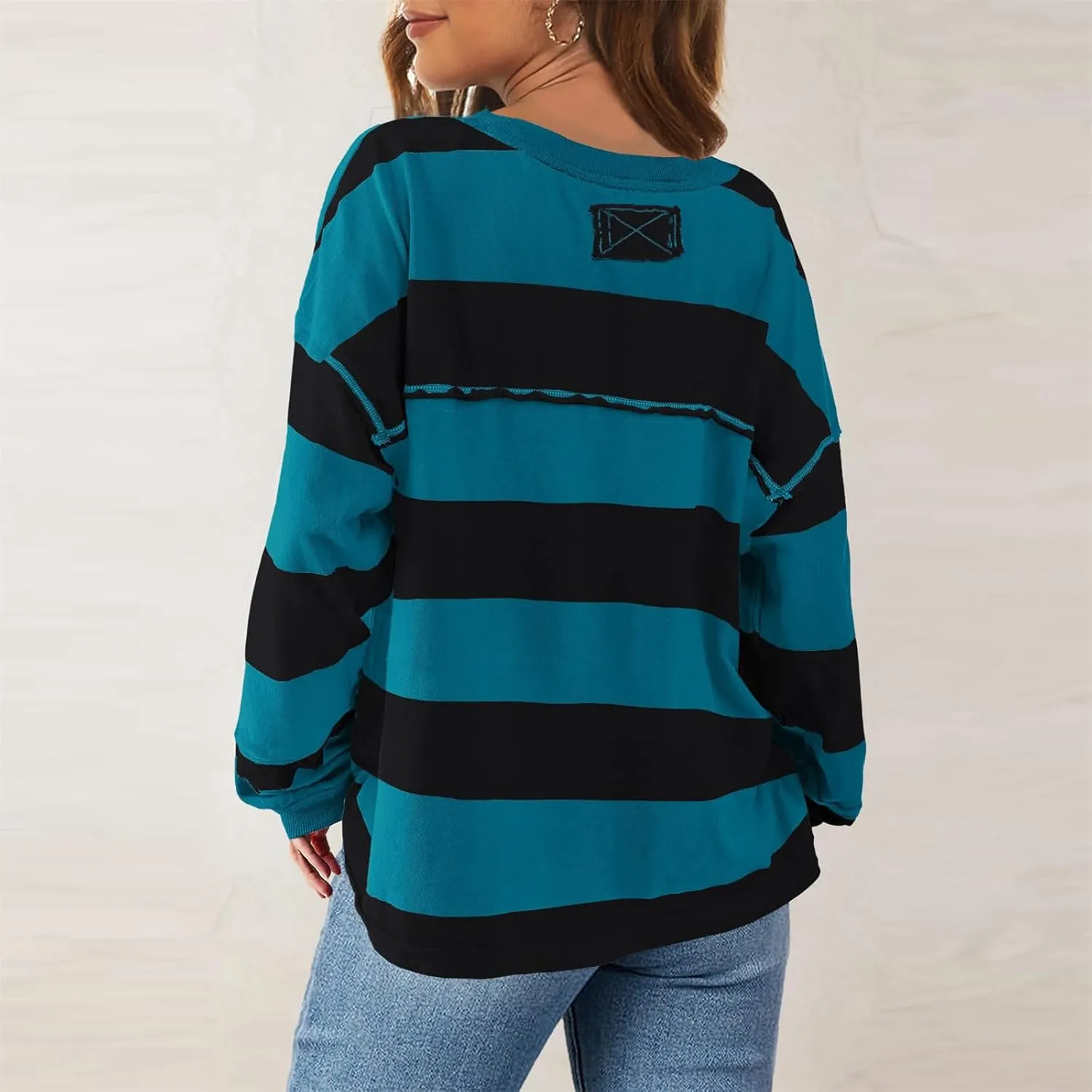 SMIDOW Lightweight Crewneck Sweatshirts For Women Trendy 2024 Striped Color Block Pullover Tops Casual Loose Fall Outfits