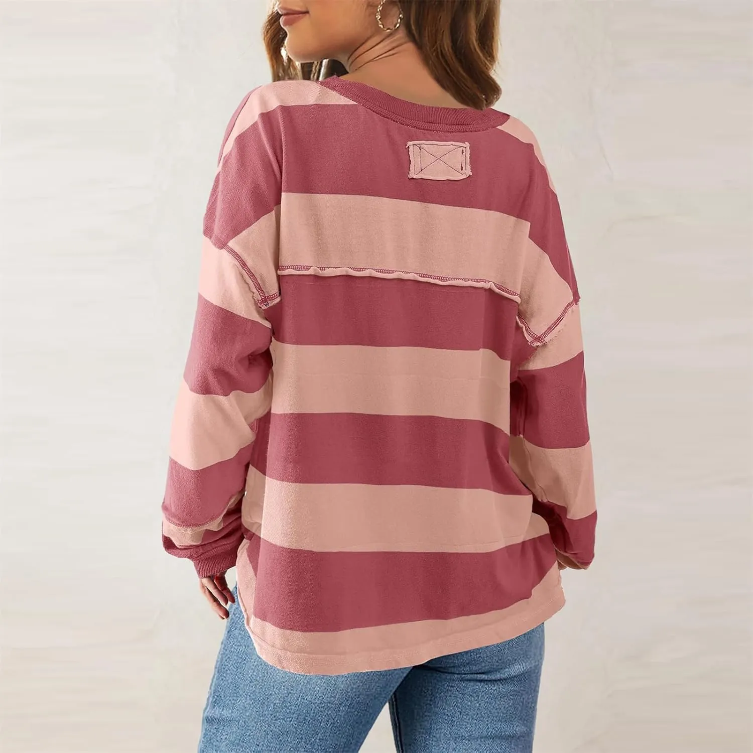 SMIDOW Lightweight Crewneck Sweatshirts For Women Trendy 2024 Striped Color Block Pullover Tops Casual Loose Fall Outfits