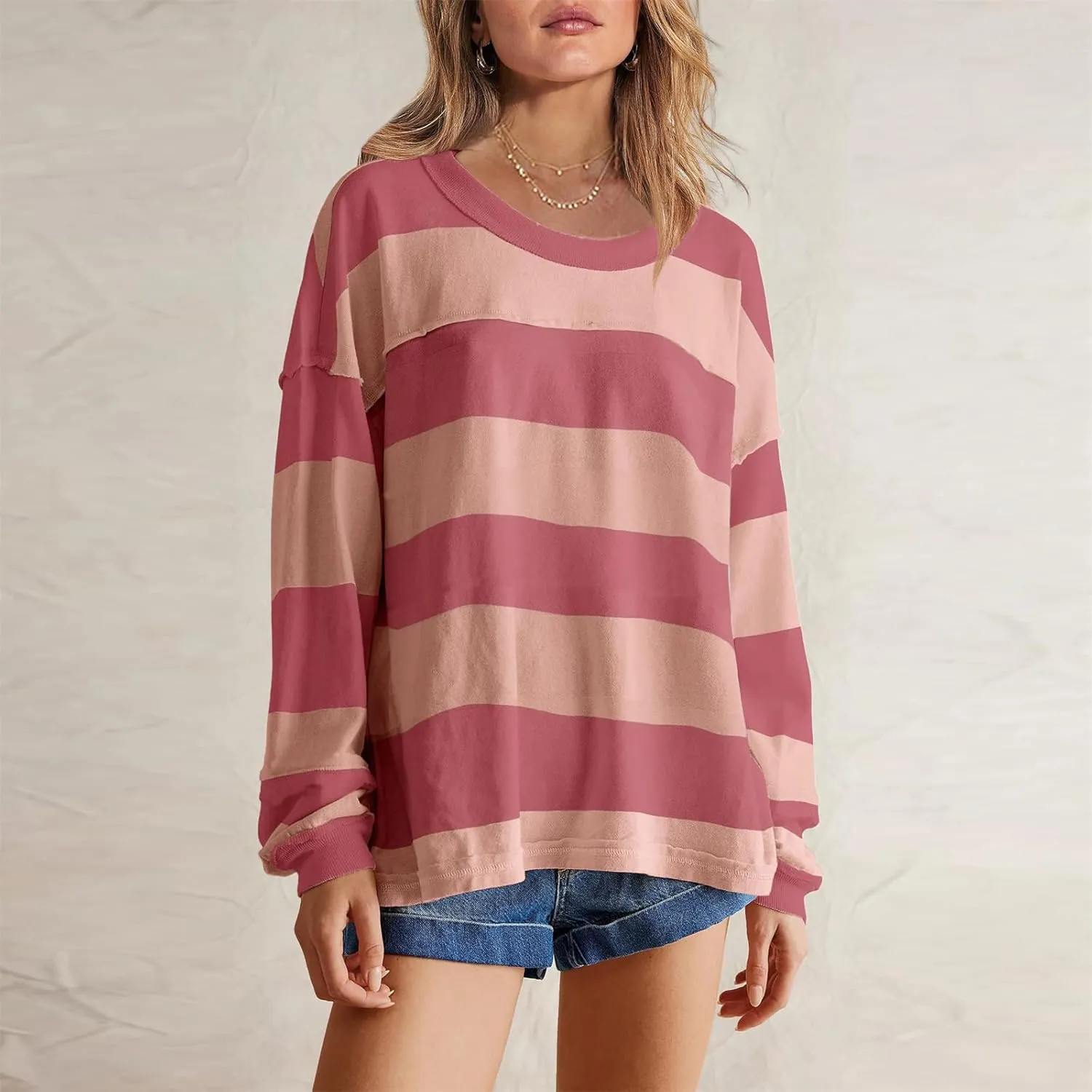 SMIDOW Lightweight Crewneck Sweatshirts For Women Trendy 2024 Striped Color Block Pullover Tops Casual Loose Fall Outfits