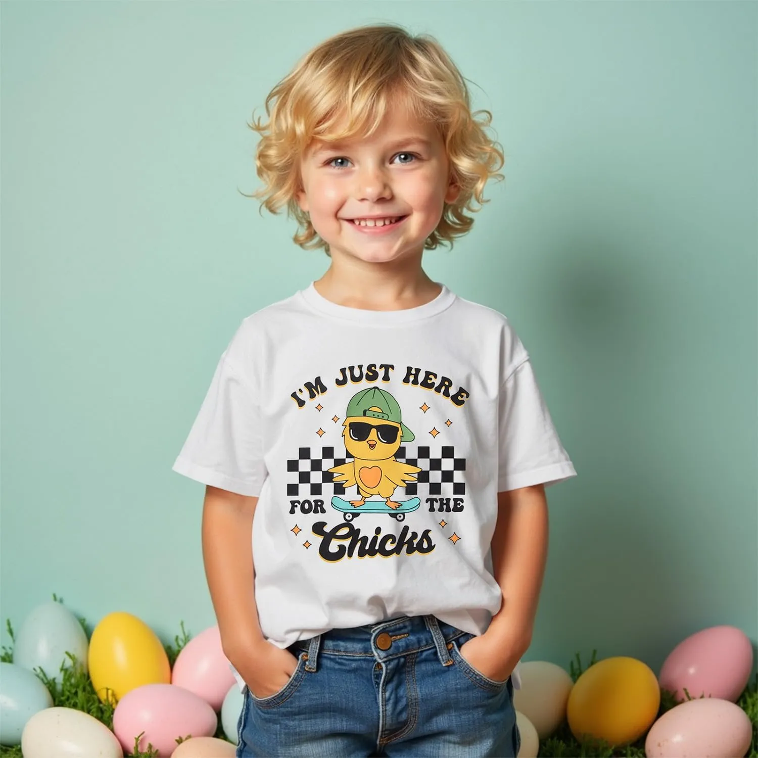 SOFEON Toddler Boy Easter Shirt Funny Chick Skateboard T-Shirt I'm Just Here for The Chicks Graphic Short Sleeve Tees Top