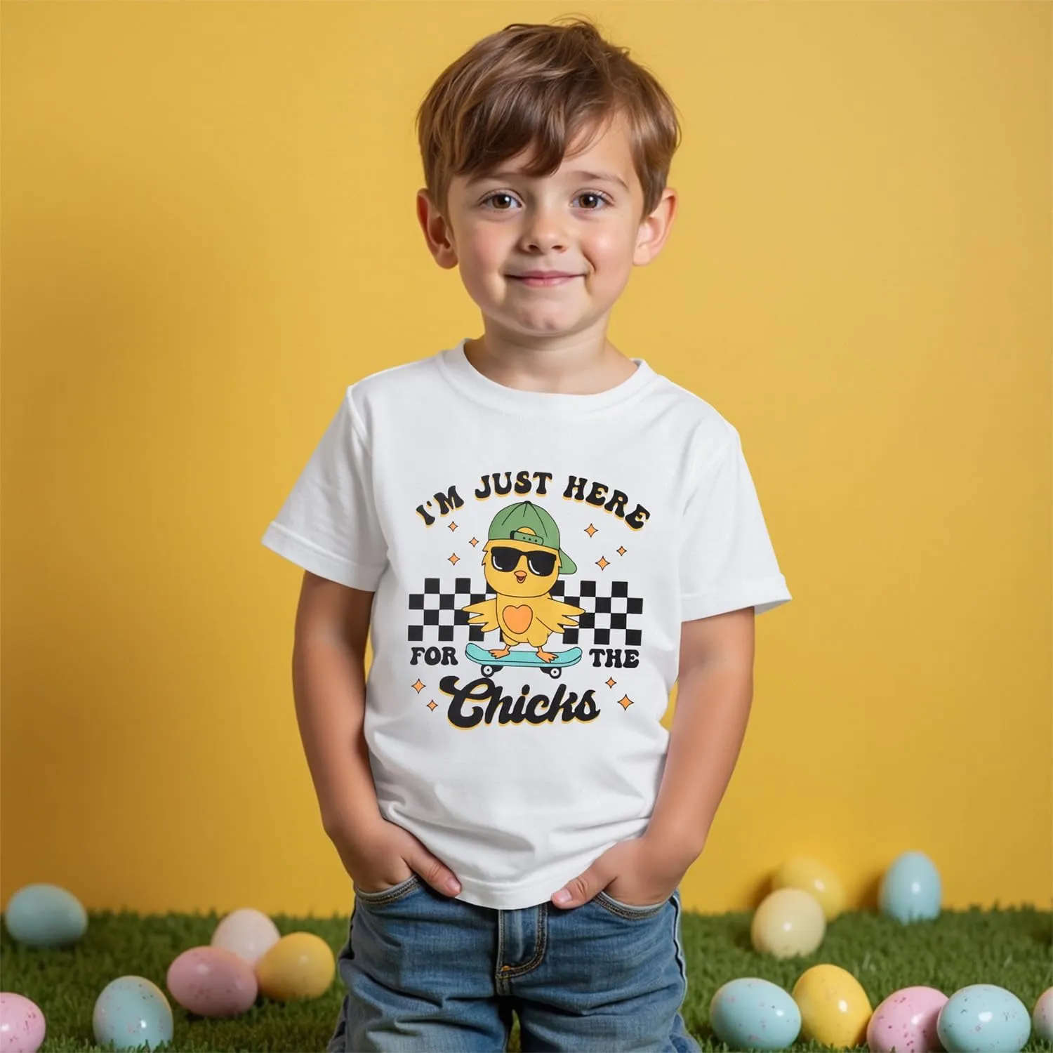 SOFEON Toddler Boy Easter Shirt Funny Chick Skateboard T-Shirt I'm Just Here for The Chicks Graphic Short Sleeve Tees Top
