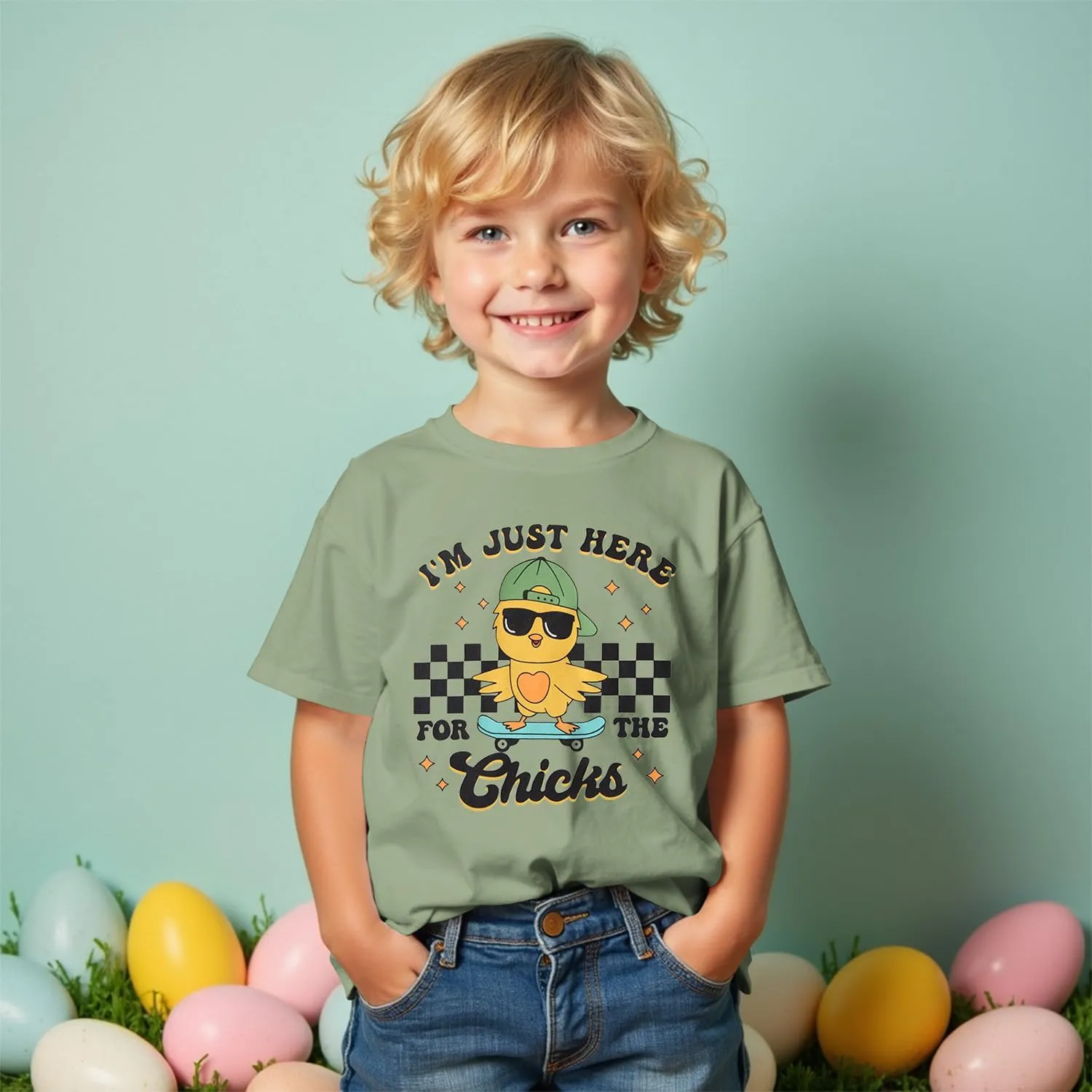 SOFEON Toddler Boy Easter Shirt Funny Chick Skateboard T-Shirt I'm Just Here for The Chicks Graphic Short Sleeve Tees Top