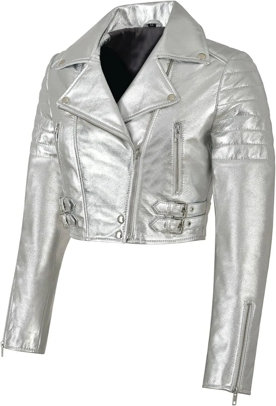 SpazeUp Women's Cropper Leather Brando Jacket Real Metallic Leather Short Body Ladies Biker Asymmetrical Leather Jacket