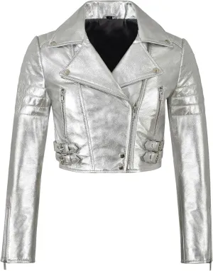 SpazeUp Women's Cropper Leather Brando Jacket Real Metallic Leather Short Body Ladies Biker Asymmetrical Leather Jacket