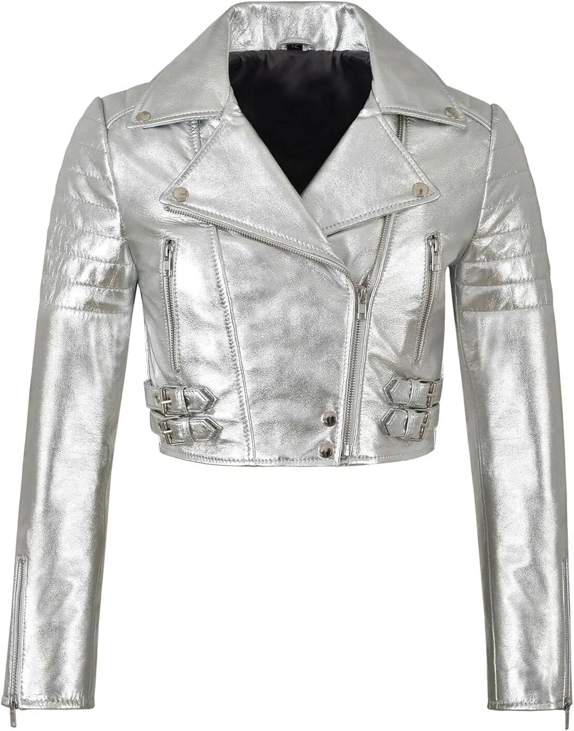 SpazeUp Women's Cropper Leather Brando Jacket Real Metallic Leather Short Body Ladies Biker Asymmetrical Leather Jacket