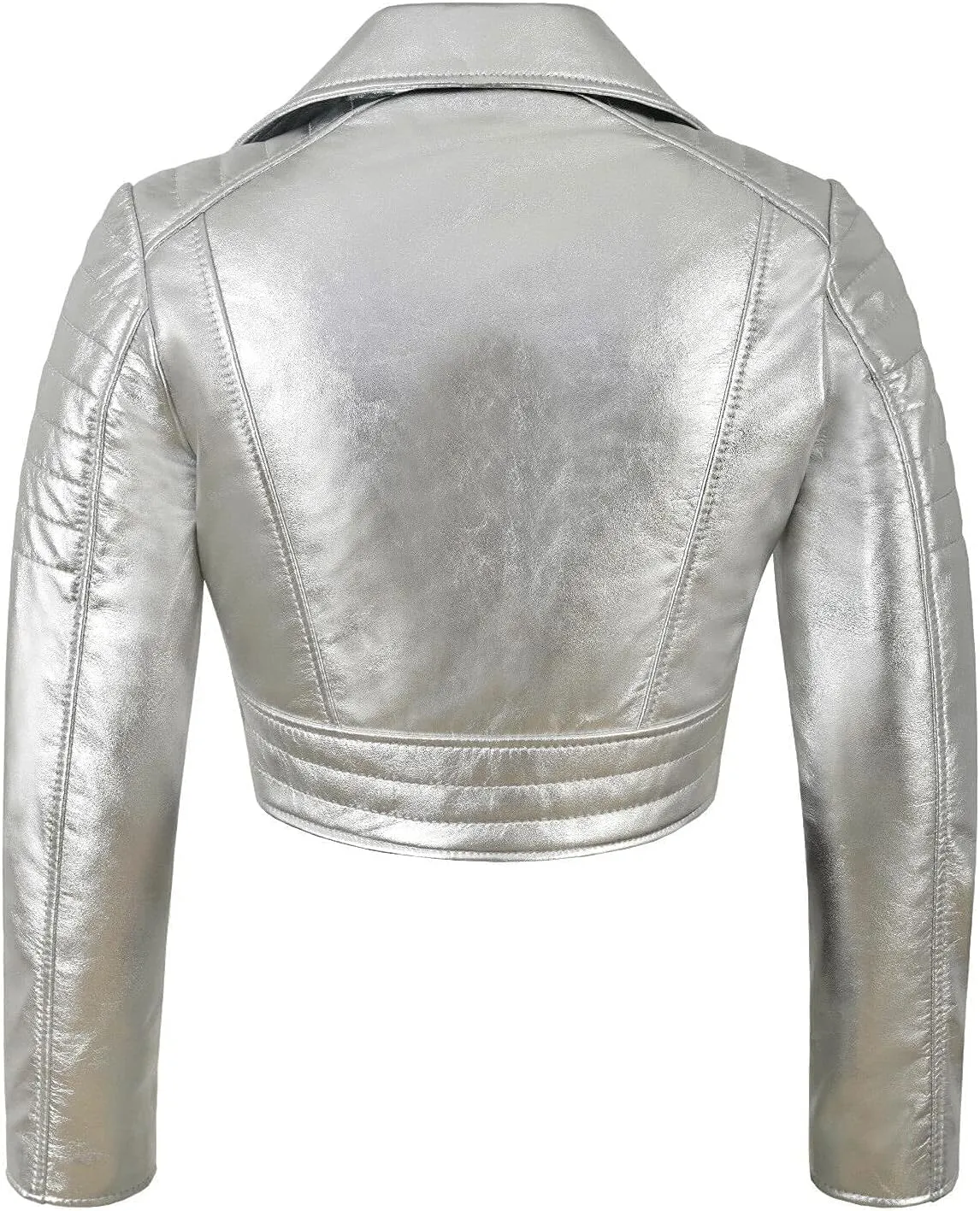 SpazeUp Women's Cropper Leather Brando Jacket Real Metallic Leather Short Body Ladies Biker Asymmetrical Leather Jacket