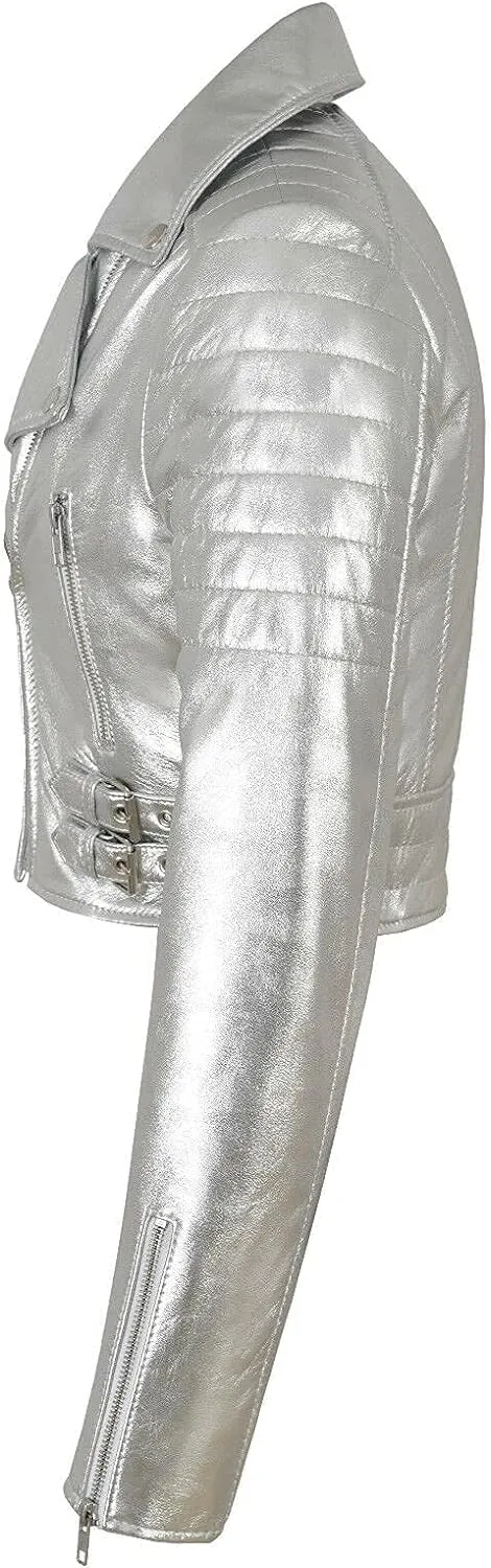 SpazeUp Women's Cropper Leather Brando Jacket Real Metallic Leather Short Body Ladies Biker Asymmetrical Leather Jacket