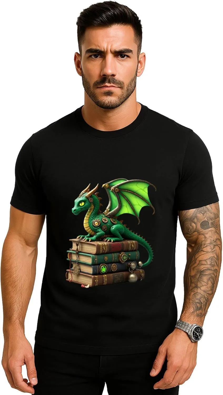 Steampunk Dragon Books Print Graphic Tees Men, Mens Graphic T-Shirts, Casual Cotton T Shirts for Man