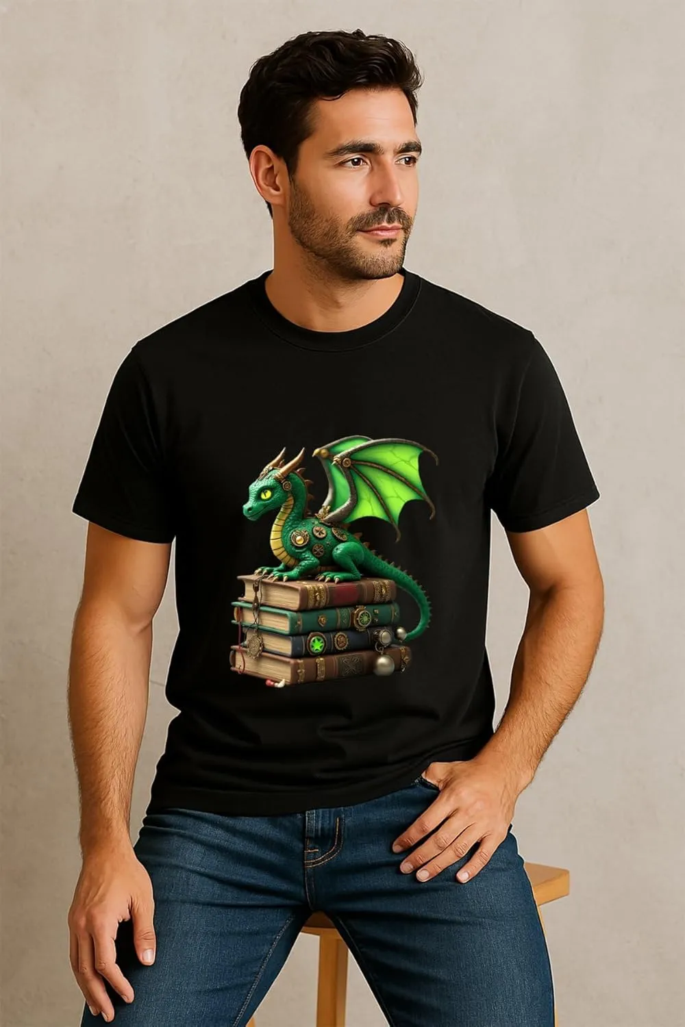 Steampunk Dragon Books Print Graphic Tees Men, Mens Graphic T-Shirts, Casual Cotton T Shirts for Man