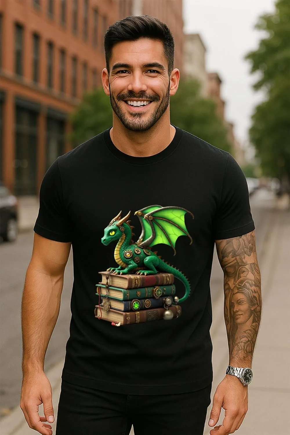 Steampunk Dragon Books Print Graphic Tees Men, Mens Graphic T-Shirts, Casual Cotton T Shirts for Man