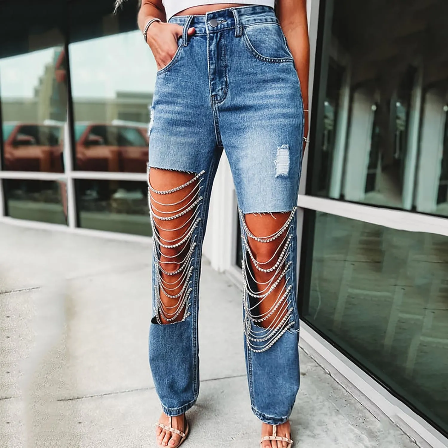 Straight Leg Jeans for Women Trendy Distressed Wide Leg Jeans Baggy Boyfriend Denim Pants Y2k Sexy Ripped Jeans