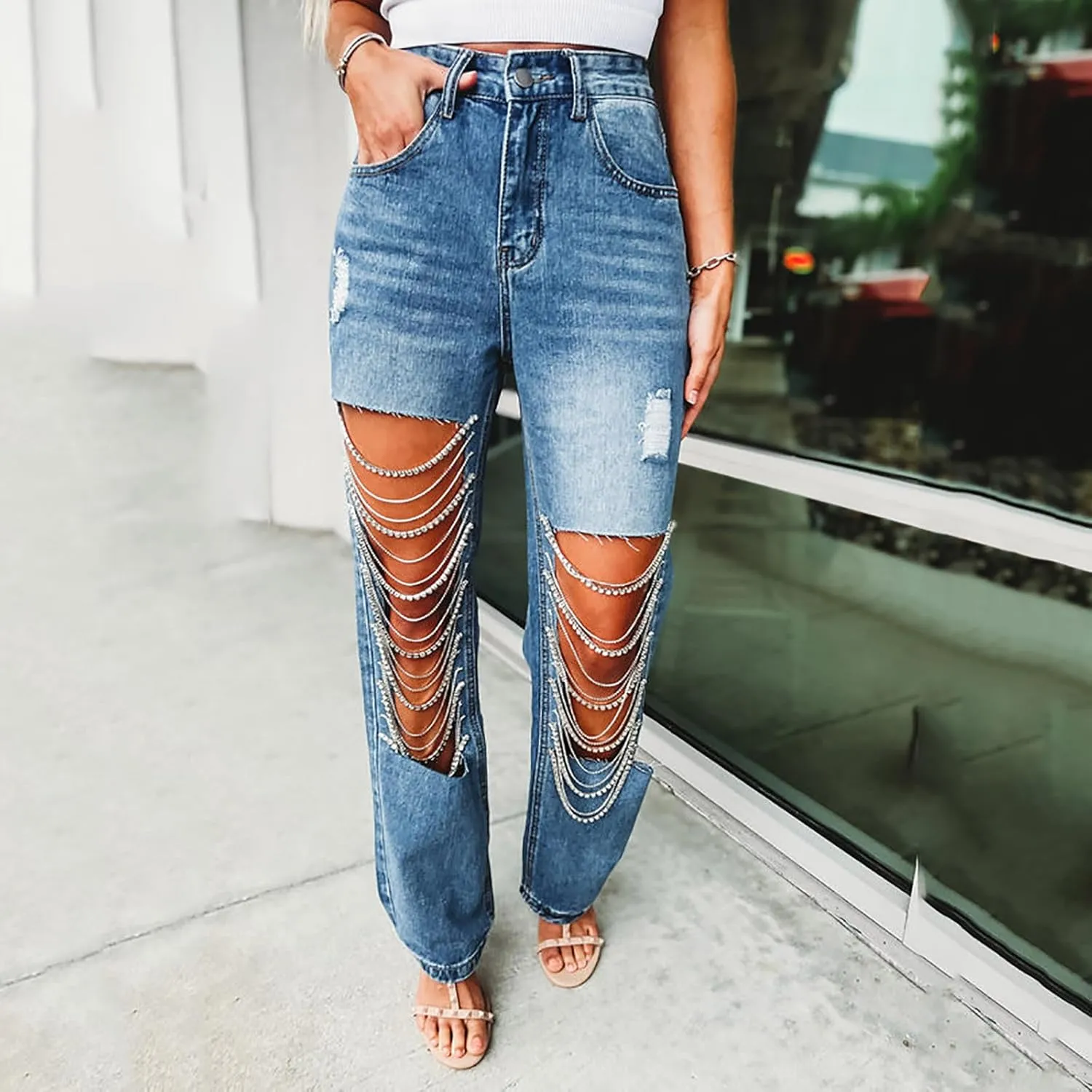 Straight Leg Jeans for Women Trendy Distressed Wide Leg Jeans Baggy Boyfriend Denim Pants Y2k Sexy Ripped Jeans