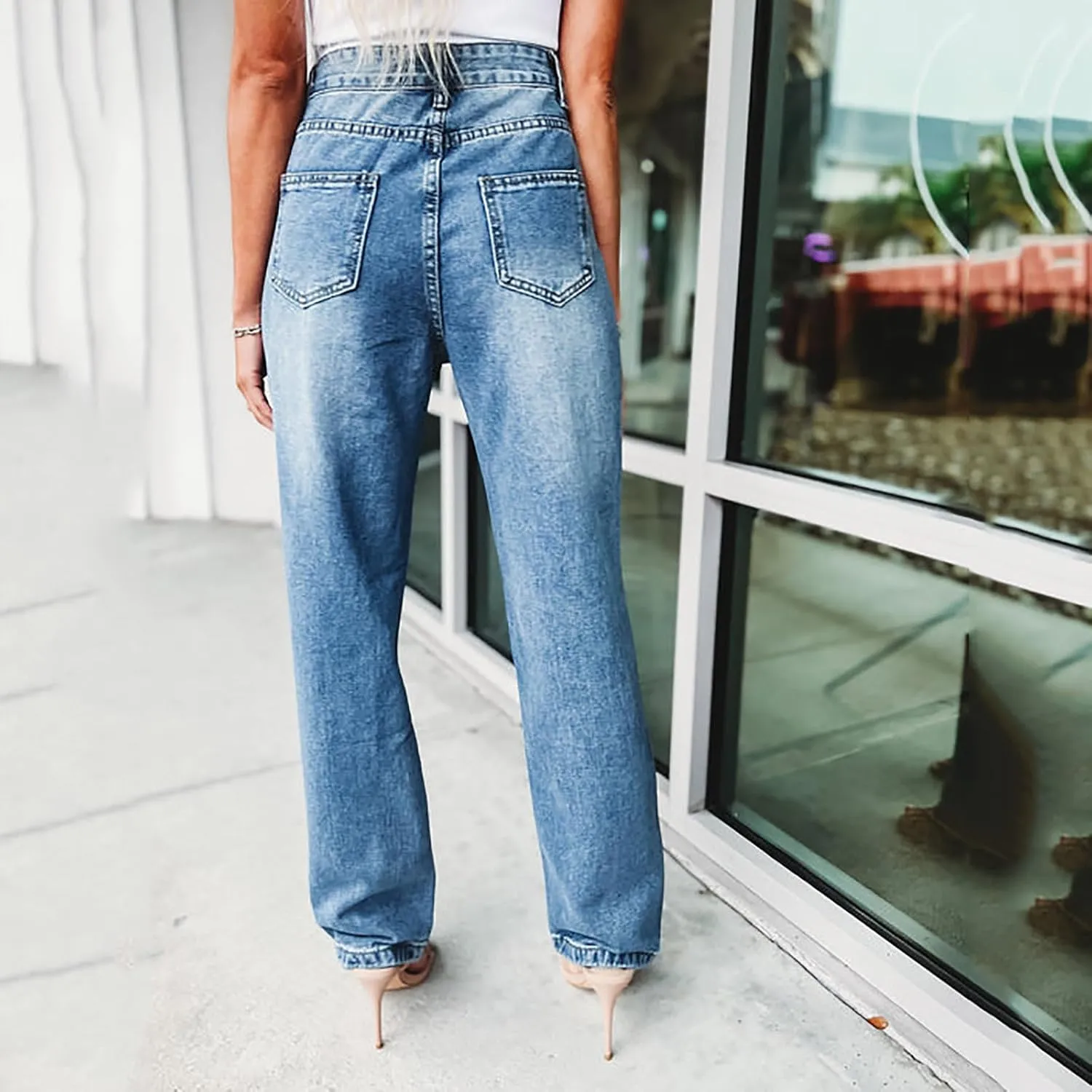 Straight Leg Jeans for Women Trendy Distressed Wide Leg Jeans Baggy Boyfriend Denim Pants Y2k Sexy Ripped Jeans