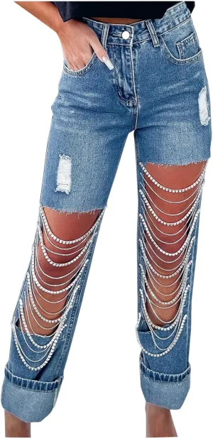 Straight Leg Jeans for Women Trendy Distressed Wide Leg Jeans Baggy Boyfriend Denim Pants Y2k Sexy Ripped Jeans