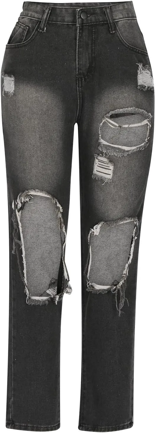 Straight Leg Jeans for Women Trendy Distressed Wide Leg Jeans Baggy Boyfriend Denim Pants Y2k Sexy Ripped Jeans