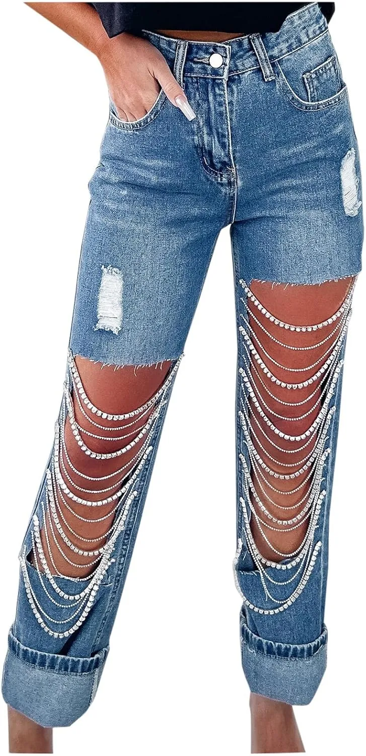 Straight Leg Jeans for Women Trendy Distressed Wide Leg Jeans Baggy Boyfriend Denim Pants Y2k Sexy Ripped Jeans