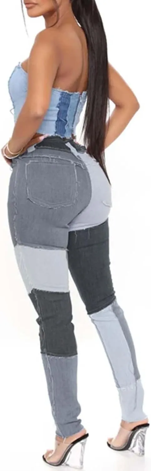 Stretchy Jeans for Women High Waist Skinny Color Block Denim Pants Trendy Patchwork Slim Jeans Casual Tight Jeans