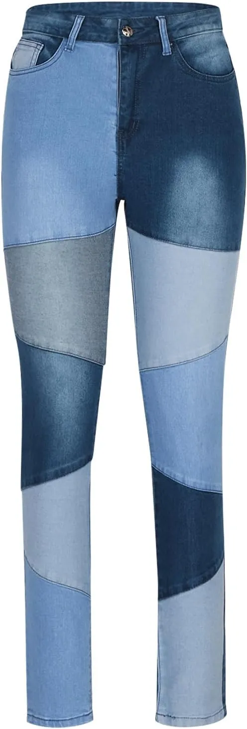 Stretchy Jeans for Women High Waist Skinny Color Block Denim Pants Trendy Patchwork Slim Jeans Casual Tight Jeans
