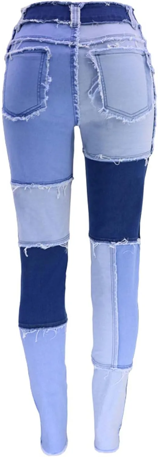 Stretchy Jeans for Women High Waist Skinny Color Block Denim Pants Trendy Patchwork Slim Jeans Casual Tight Jeans