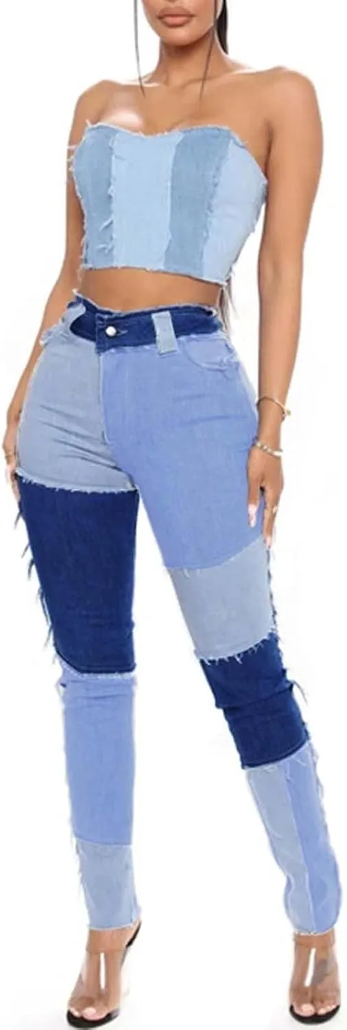 Stretchy Jeans for Women High Waist Skinny Color Block Denim Pants Trendy Patchwork Slim Jeans Casual Tight Jeans