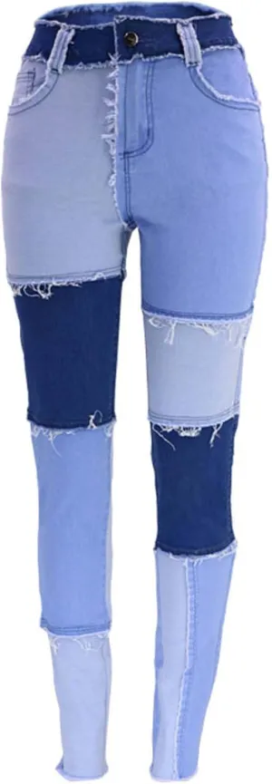 Stretchy Jeans for Women High Waist Skinny Color Block Denim Pants Trendy Patchwork Slim Jeans Casual Tight Jeans