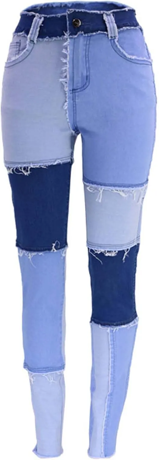 Stretchy Jeans for Women High Waist Skinny Color Block Denim Pants Trendy Patchwork Slim Jeans Casual Tight Jeans