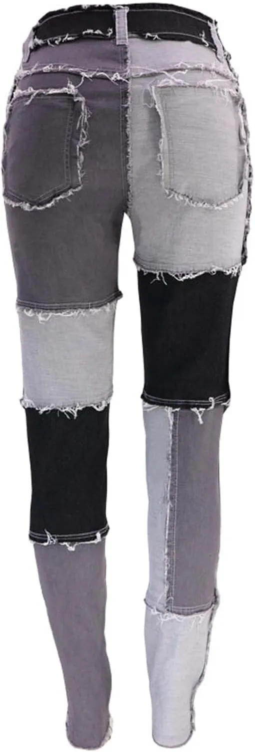 Stretchy Jeans for Women High Waist Skinny Color Block Denim Pants Trendy Patchwork Slim Jeans Casual Tight Jeans