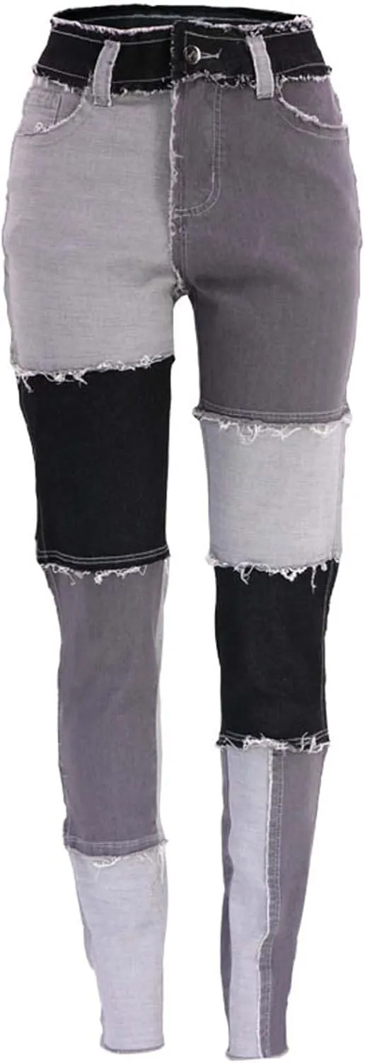 Stretchy Jeans for Women High Waist Skinny Color Block Denim Pants Trendy Patchwork Slim Jeans Casual Tight Jeans