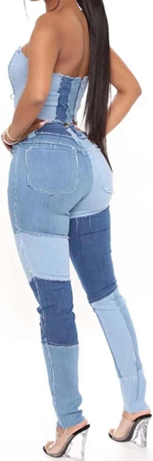 Stretchy Jeans for Women High Waist Skinny Color Block Denim Pants Trendy Patchwork Slim Jeans Casual Tight Jeans